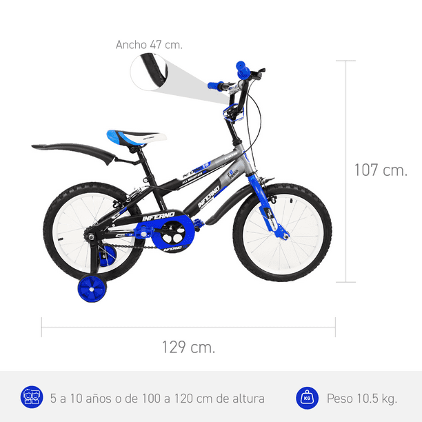 Bicicleta para niño de 5 a 10 años, Rodada 16, Azul-Gris, con rueditas de  entrenamiento. Unibike Inferno Urbana