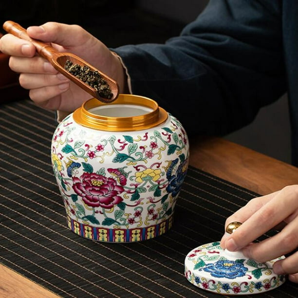 HEMOTON Lata de té chino para té de cerámica con estampado floral, tarros  de almacenamiento de té, latas de té, recipientes de almacenamiento de té