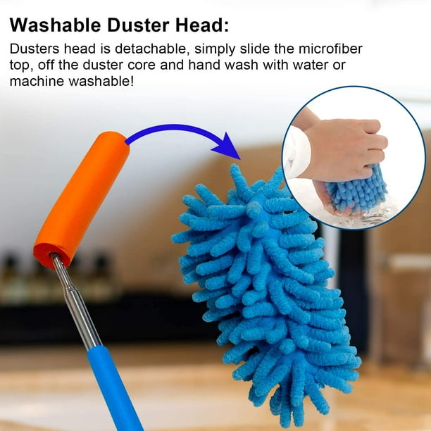 Plumero telescópico de microfibra flexible con poste extensible y cepillo  de limpieza lavable perfecto para oficina/hogar/automóvil (azul + gris)