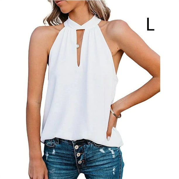 Guardurnaity Blusa sin mangas para mujer Camisa con cuello de corbata Playa  Vacaciones Oficina Noche Ropa fresca Diario Elegante Verano Top Blanco S