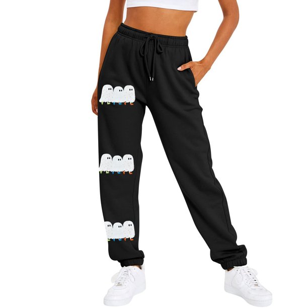 Gibobby Pantalones deportivos con forro polar para mujer Mujer Otoño e  Invierno Halloween estilo lindo estampado de más terciopelo pierna corbata cintura  elástica(Blanco,XG)