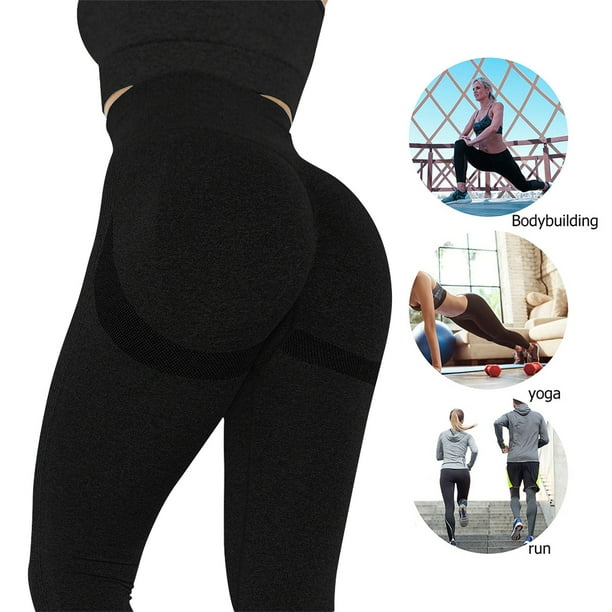 Leggings de cintura alta Push Up sin costuras Mujeres Fitness Running Yoga  Pantalones (Negro M)