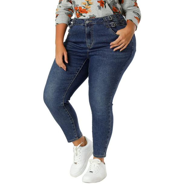 Jean de talla grande para mujer, cintura alta, hebilla, decoración,  bolsillo oblicuo, trabajo, estir Unique Bargains Pantalones Vaqueros