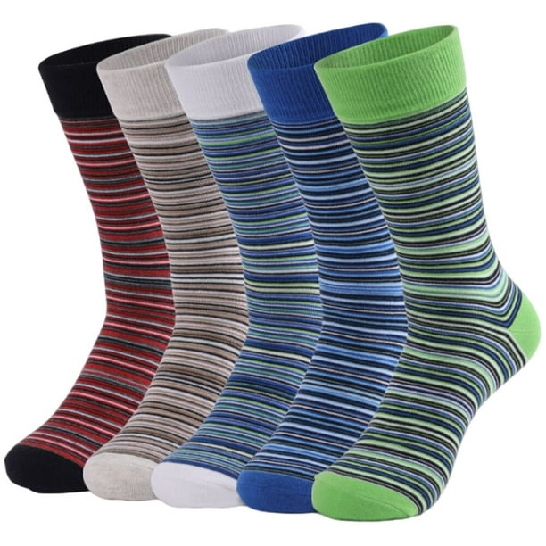 HOYOLS Calcetines largos de algodón con rayas coloridas para hombre, estilo  casual, con patrón de negocios (paquete de 5)