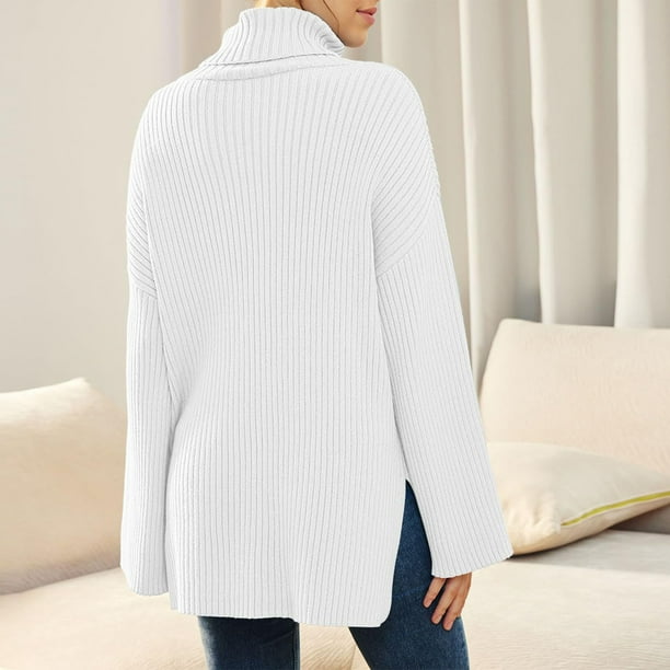 Suéteres De Punto De Cuello Alto Suéteres de manga larga para mujer Suéter  de punto acanalado acoged Cgtredaw Blanco Xxl para Mujer