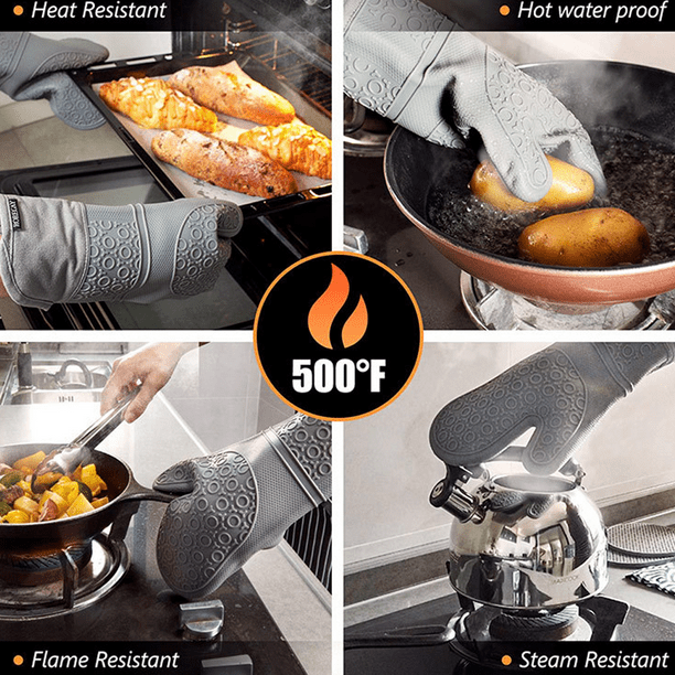  KEGOUU Juego de 6 guantes de horno y soportes para ollas,  guantes de horno de cocina de alta resistencia al calor, 500 grados extra  largos y agarradera con superficie de silicona