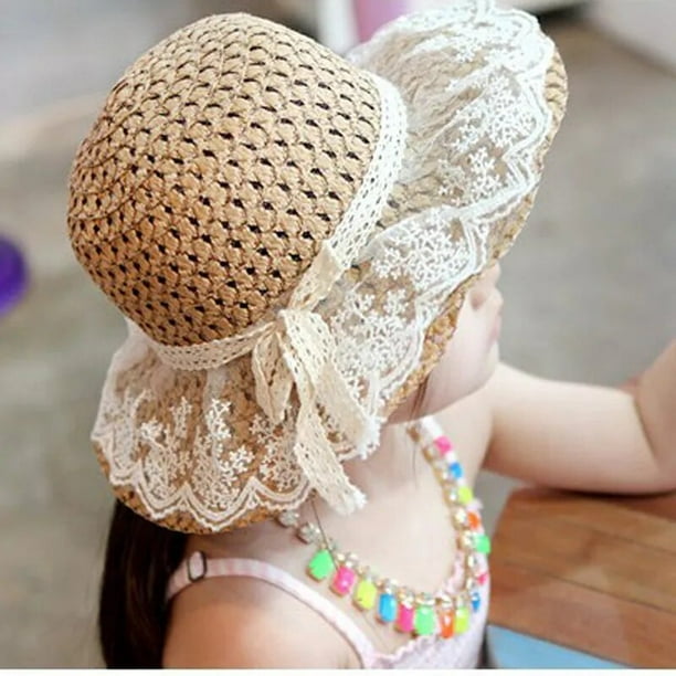 Comprar Sombrero de paja de verano para niños, gorra de cubo, lazo de  encaje Simple, sombrero de paja plano, gorras de princesa de encaje Panamá