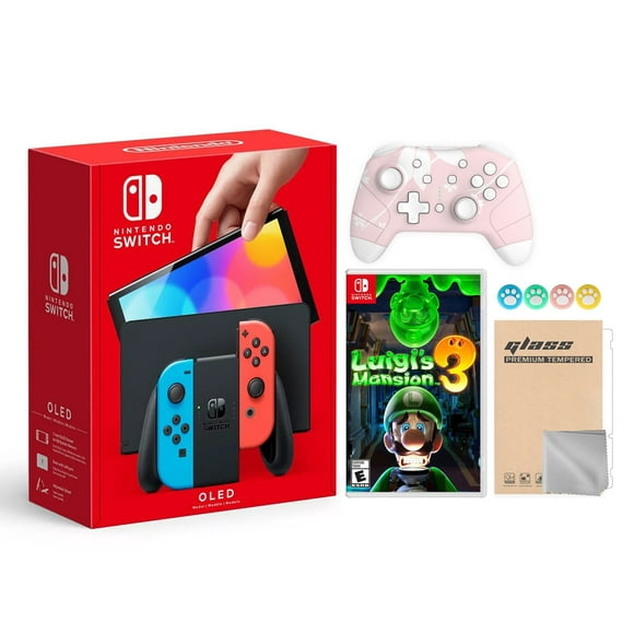 2021 new nintendo switch oled model neon red  blue joy con 64gb console hd screen  lanport dock with luigis mansion 3 and mytrix wireless switch pro controller and accessories nintendo hegskabaa
