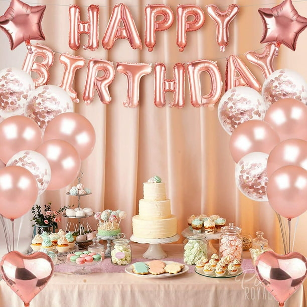 Juego de decoraciones de fiesta de cumpleaños de oro rosa con pancarta de  cumpleaños, globos de confeti, fondo de cumpleaños de aluminio, guirnalda  de