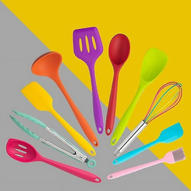 Juego de 10 utensilios de cocina de silicona coloridos y resistentes al  calor que incluyen espátula, cuchara, cucharón, espumadera, batidor, pinzas  y cepillo de cocina YONGSHENG 8390611593964