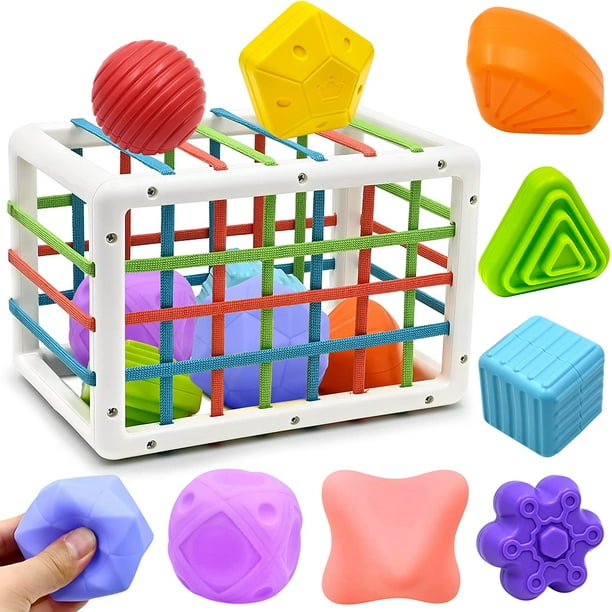 Juguete para bebés de 1 a 2 años, juegos sensoriales Montessori para bebés  de 6, 9, 12 y 18 meses, clasificador de formas con bolas texturizadas,  bolas sensoriales, cubo de actividad de