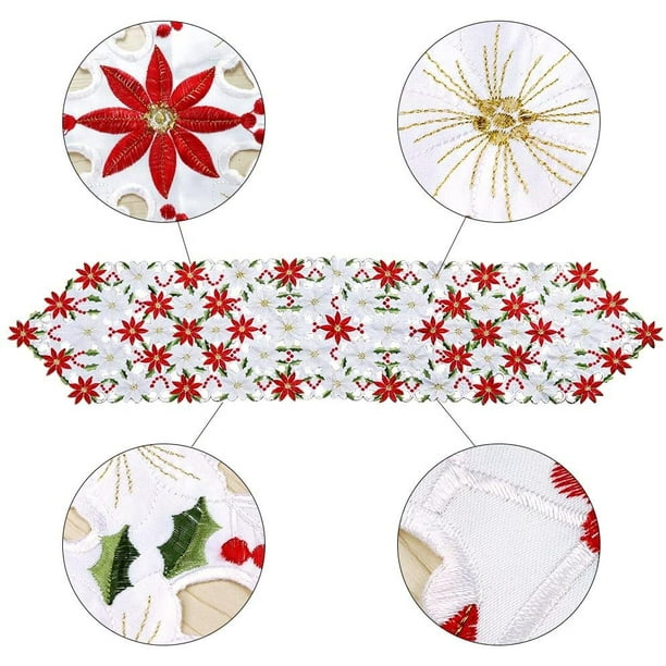 Caminos de mesa bordados de Navidad Poinsettia Holly Leaf Manteles para  decoraciones navideñas 15 x 69 pulgadas JAMW Sencillez