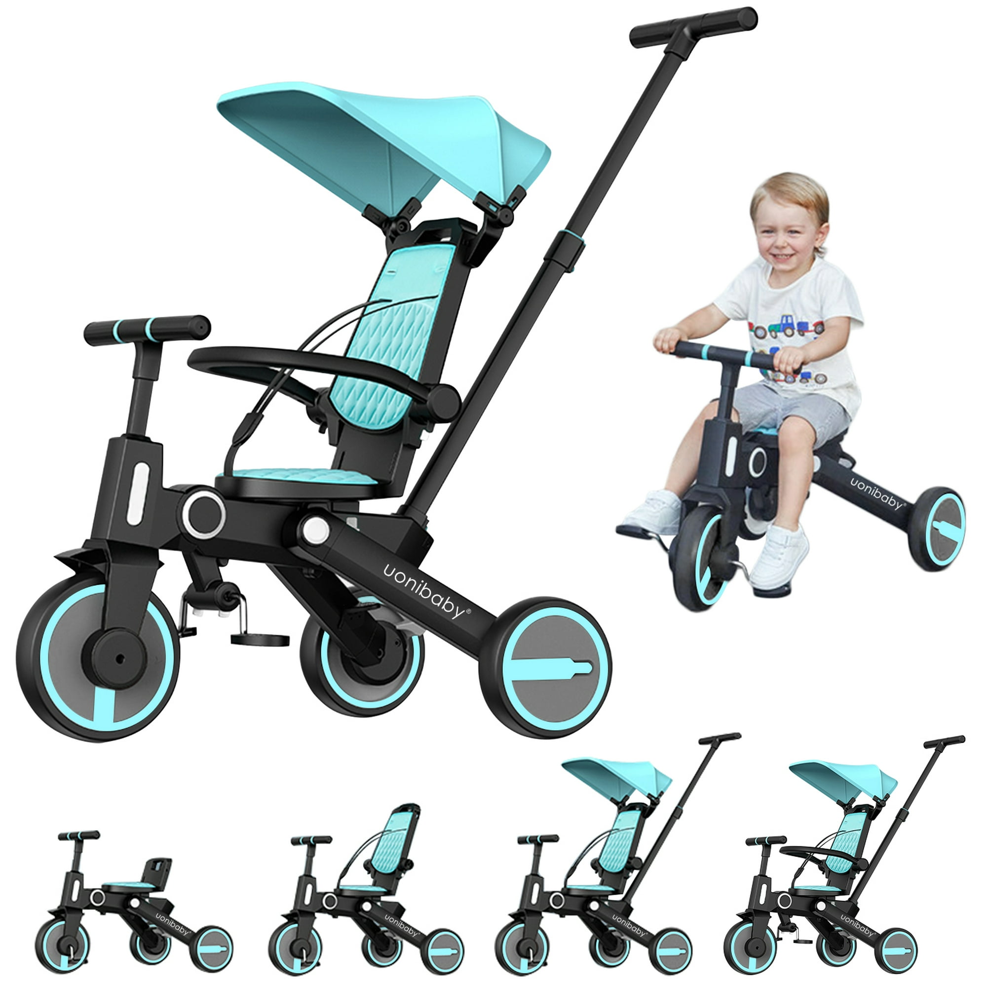 Triciclo para bebé 6 en 1 con mango ajustable de empuje, toldo extraíble,  arnés de seguridad, para usar desde 18 meses hasta 5 años de edad, color