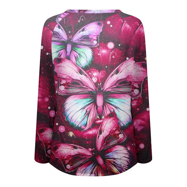 Camiseta de manga larga con estampado de mariposa con cuello en V informal  para mujer a la moda Fridja hkj3648