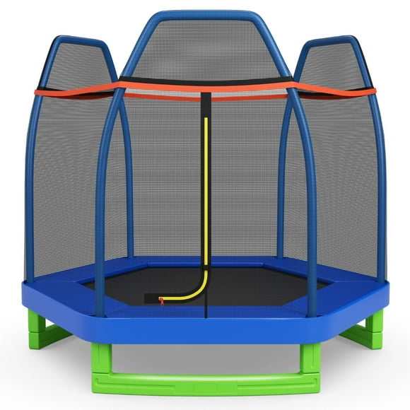 costway cama elástica 223 cm para niños con red de seguridad estructura en acero galvanizado trampolín para interior y exterior azul costway modern