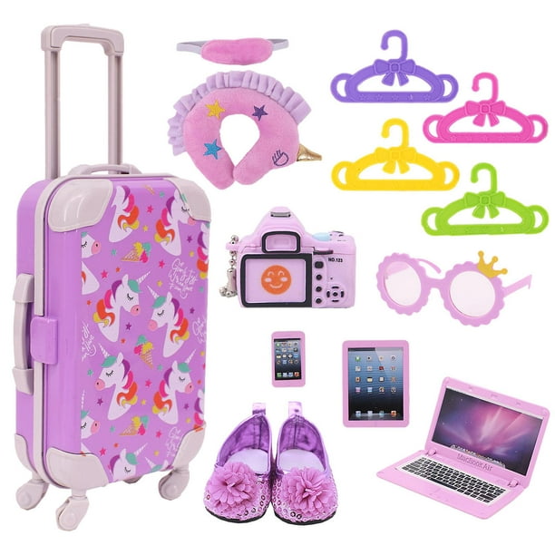 American Doll Suitcase Play Set - Accesorios de viaje para niñas de 18  pulgadas, con lindo estampado, juguete morado seguro y duradero