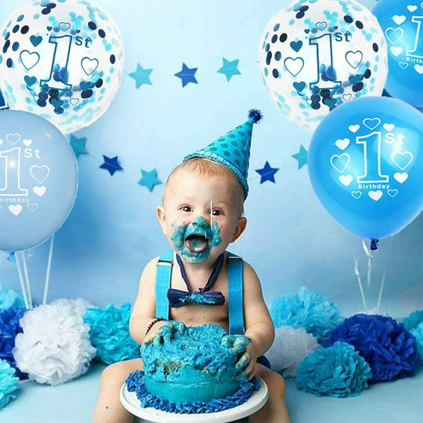 Decoración cumpleaños 1 año niño, decoración 1er cumpleaños, globo azul  confeti para 1er cumpleaños fiesta cumpleaños infantil Feliz cumpleaños  decoración primer cumpleaños Adepaton LN-2493-1