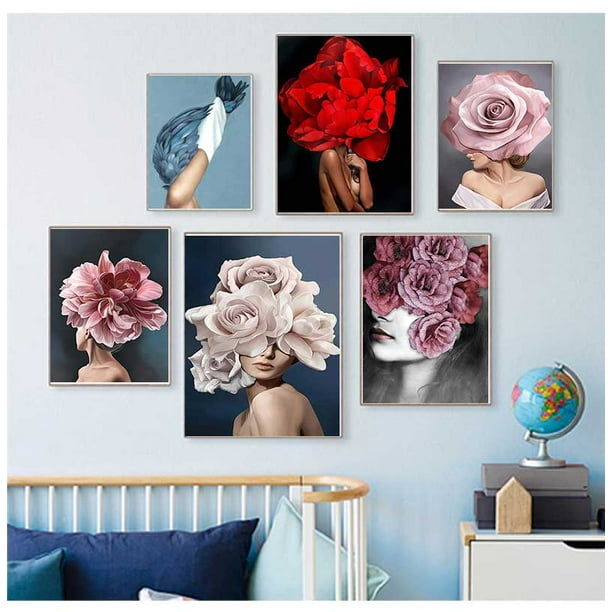 Pintura decorativa para sala de estar, decoración del hogar, flores,  plumas, mujer, lienzo abstracto, arte de pared, impresión, póster, imagen