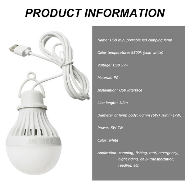 Bombilla LED portátil E27 recargable por USB, lámpara de Camping