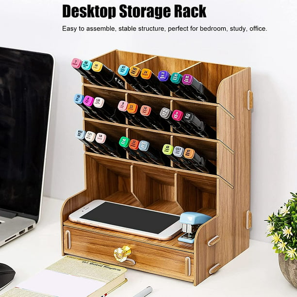Organizador de escritorio de madera, organizador de archivos de 5 niveles,  estante de almacenamiento de madera con múltiples ranuras para oficina