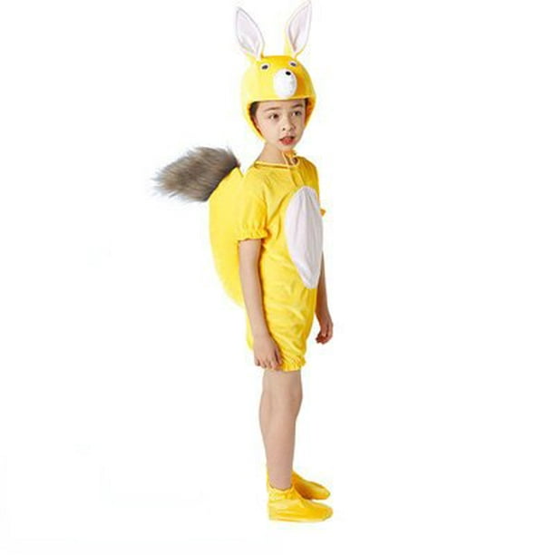 Personaje de traje de mascota de mono amarillo vestido con un