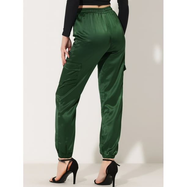 Pantalones cargo de satén sedoso de tiro alto elástico con cordón para mujer  Verde S Allegra K Pantalones