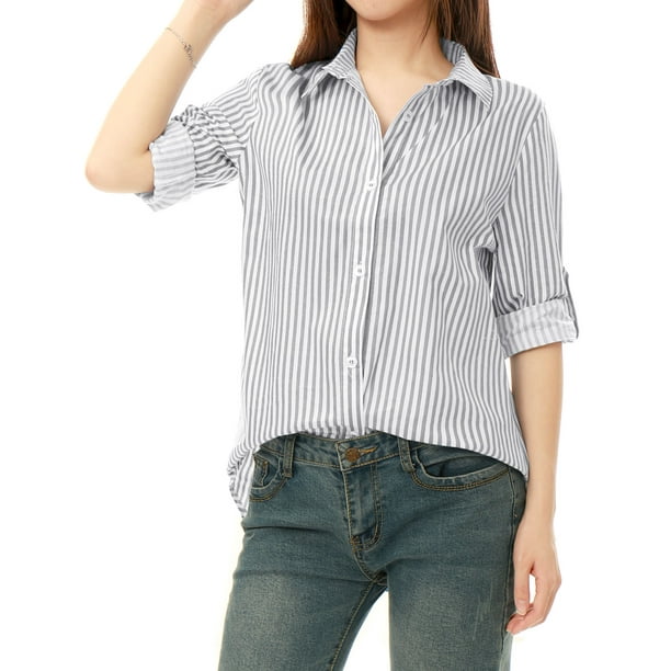 Camisa con Botones para Mujer de Manga Larga Camisa Casual blanco L Unique  Bargains Camisa