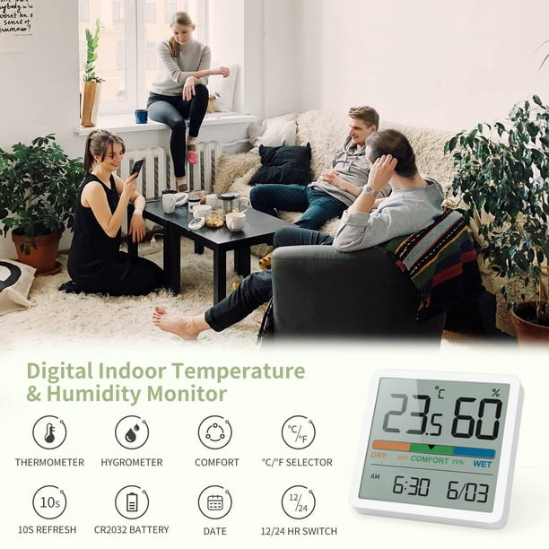 Termómetro higrómetro para interiores, termómetro digital de escritorio con  monitor de temperatura y humedad, medidor de humedad preciso, termómetro de  habitación con reloj (blanco) esquí esquí Gafas de esquí