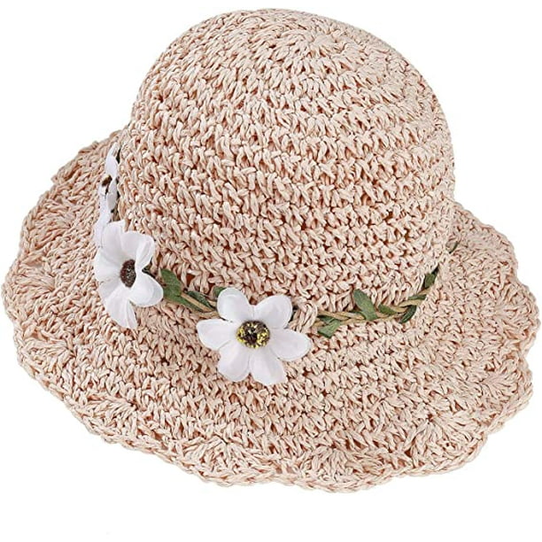 Sombreros de paja Niñas Gorra plegable para el sol con decoración de flores  Sombrero de verano para niños Playa Viajes Senderismo