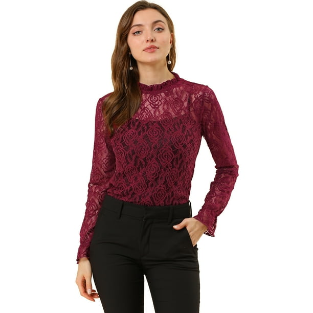 Blusa Floral Cuello Volantes Encaje Ganchillo Vino T XS Unique