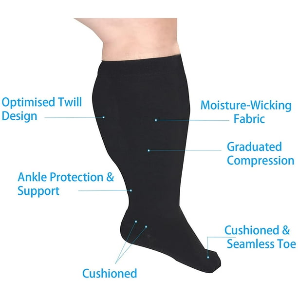 4 pares de calcetines de compresión para mujer y hombre, unisex, 20-30 mmHg  hasta la rodilla, tallas grandes, pantorrillas anchas para volar y correr
