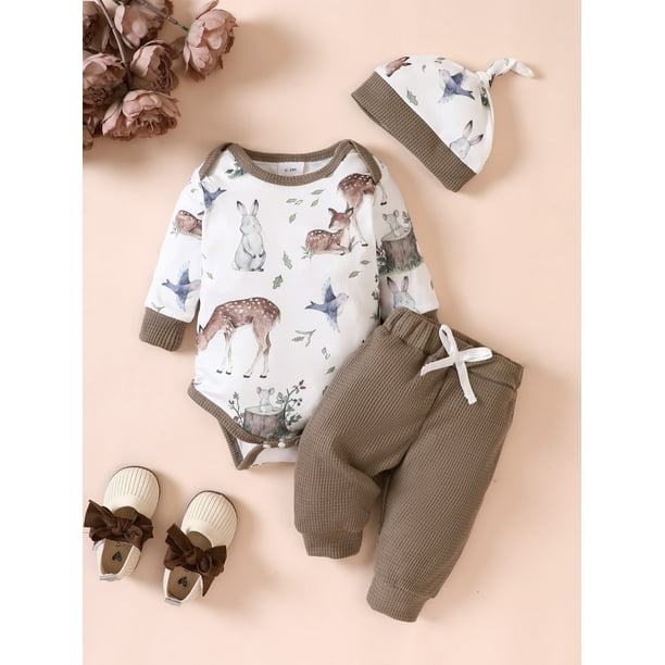 Gibobby Conjunto de ropa para bebé y niño Ropa para bebé recién nacido,  infantil, floral + pantalones + sombrero, ropa para niña pequeña(Gris,3-6  Meses)