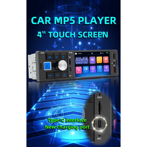 4 x 60 W Radio de coche estéreo Bluetooth reproductor MP5 Single Din Dual  USB manos libres estéreo para coche soporte MP3/MP5/USB pantalla LCD con