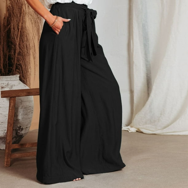 Pantalones Anchos Pantalones de pierna ancha informales para mujer con  cordones, pantalones largos de verano a la moda (negro L) Ygjytge para  Mujer Negro T L