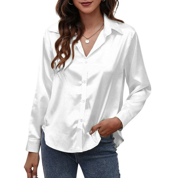 Camisa de satén sólido para mujer Camisas casuales con botones de manga larga Blanco/Pequeña | Walmart en línea