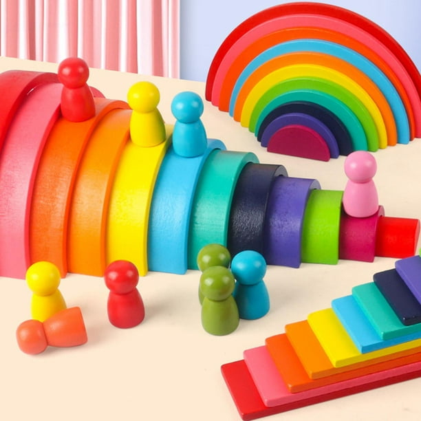 TEKOR 6 cajas apilables de madera, bloques de construcción arcoíris | Tazas  apilables y anidables para niños pequeños | Montessori Preescolar