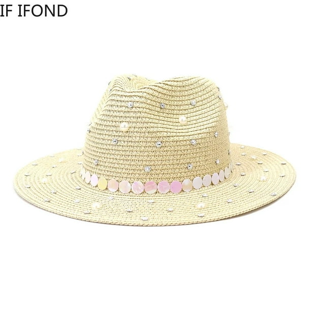 Sombrero de playa hecho a mano para mujer, sombrero de paja con perlas, con  visera de protección solar Panamá, Formal, Trilby, Jazz, 2022