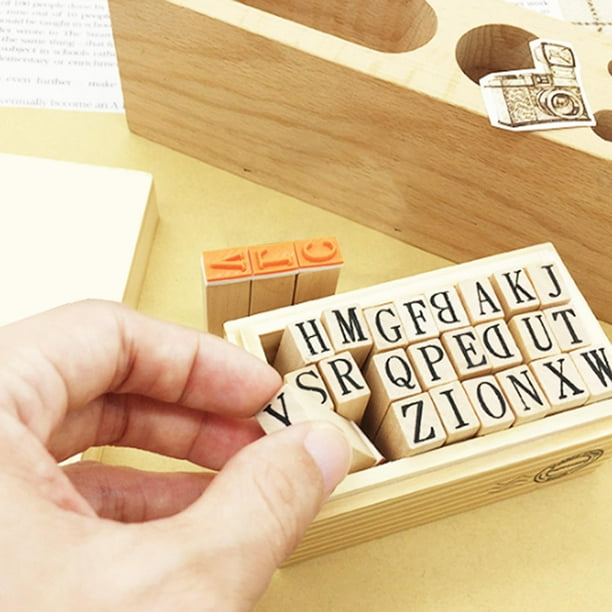 Sellos de letras del alfabeto de madera, caja de madera, álbum diario,  sello de goma, juego de sellos, sello artesanal, accesorios para hacer  tarjetas
