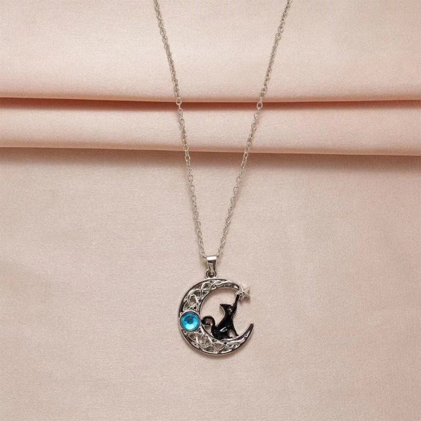 Colgante de luna con colgante de gato negro, collar de gato negro, lindo  regalo de joyería de gato negro para mujeres de moda