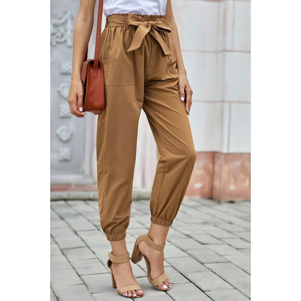 ABPHQTO Pantalones estilo levita de color caqui liso con cinturón para mujer