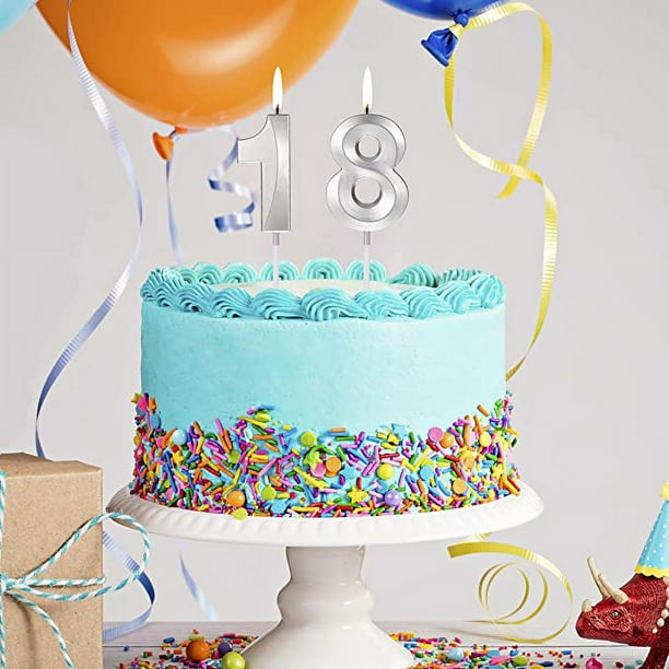 Velas de cumpleaños plateadas de 18 años, cantidad 1 velas y cantidad 8  velas, vela de pastel 3D, decoración de sombrero, regalo de ceremonia