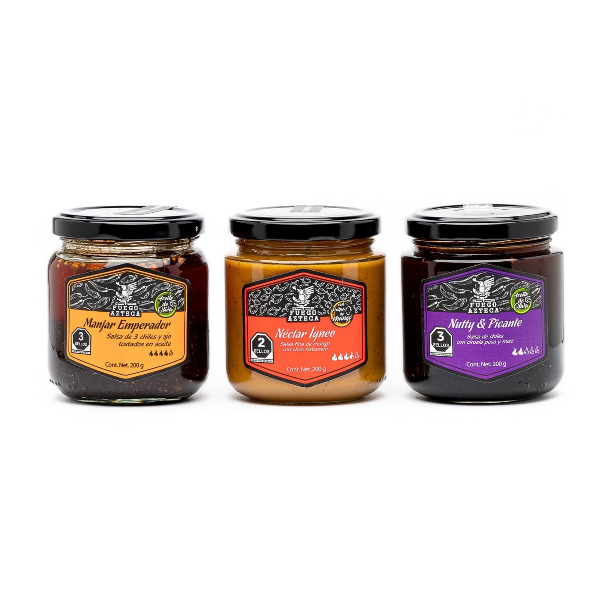 Fuego azteca | 3-Pack esencial - kit de 3 salsas premium con aceite de oliva virgen: néctar ígneo + manjar emperador + nutty &amp; picante - 3 piezas de 200g c/U - ingredientes naturales.