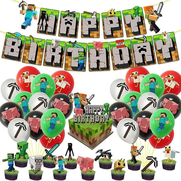 Decoración de cumpleaños con temática de Minecraft, globos de látex,  Banner, adornos para pasteles, conjuntos de adornos para fiestas y  festivales