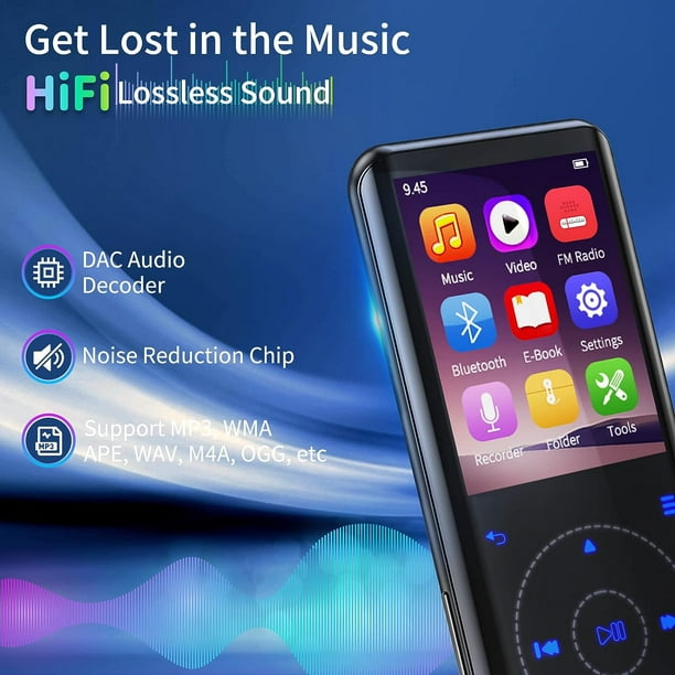 Reproductor MP3 de 32 GB, reproductor MP3 con Bluetooth 5.0, reproductor de  música MP3 portátil con sonido de alta fidelidad y sin pérdidas, radio FM