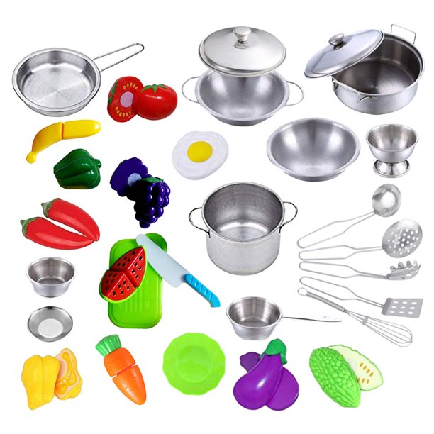 Juego de ollas y sartenes para niños, juego de cocina de simulación,  utensilios de cocina, juguetes de cocina, mini utensilios de cocina de  acero