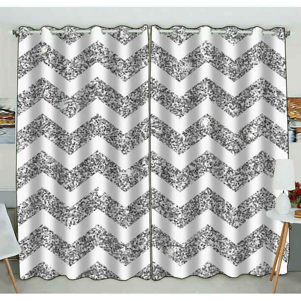 ABPHQTO Chevron brillante plata brillo y textura blanca ventana cortina  cocina cortina ventana cortinas Panel 130x210 cm (una pieza)