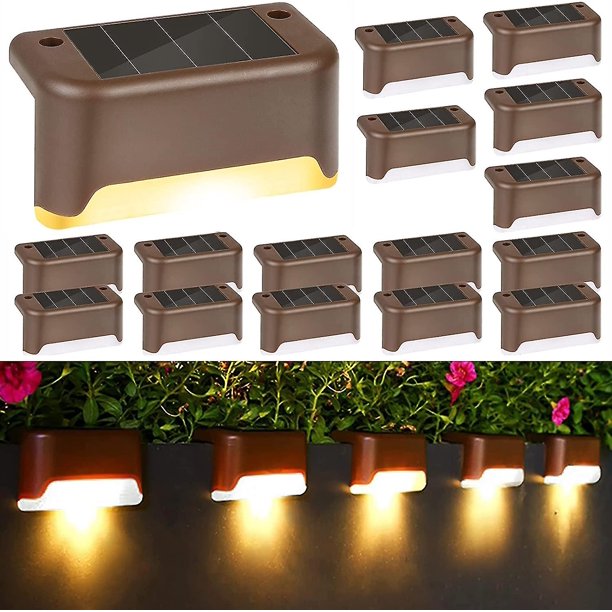 JSOT - Paquete de 12 luces solares resistentes al agua para terraza,  vallas, exteriores, jardín, patio trasero, pared, escalera, escalón,  barandilla y