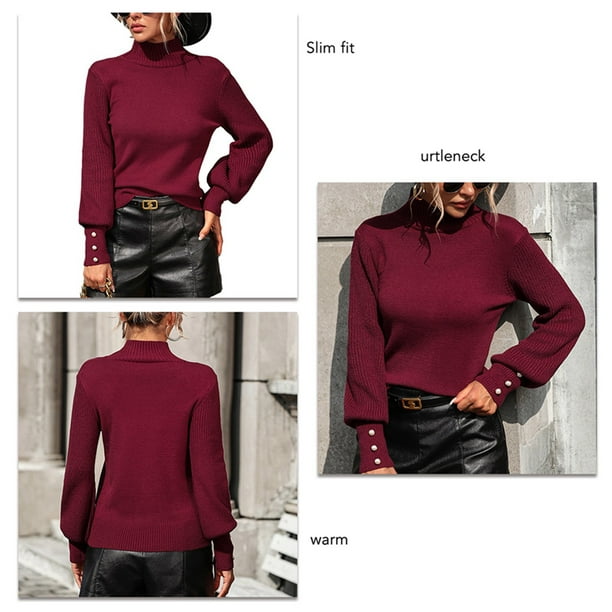 Suéter de cuello alto medio para mujer Jersey de ajuste clásico Jersey  suave y Vino rojo Sunnimix Suéter de punto de mujer