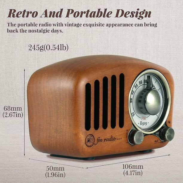 Radio retro portátil, pequeña radio vintage de madera