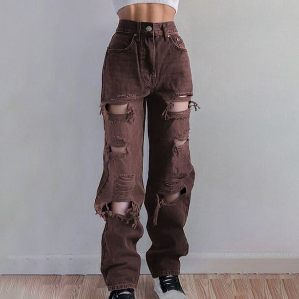 Pantalones de mezclilla para mujer, pierna ancha, rectos, estilo cargo,  casuales, con bolsillo, color marrón